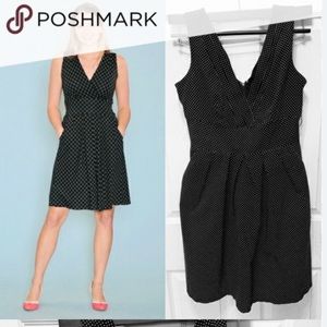 Corey P white small polka dot on black V Neck Empire Waist Pleated Dress Size10